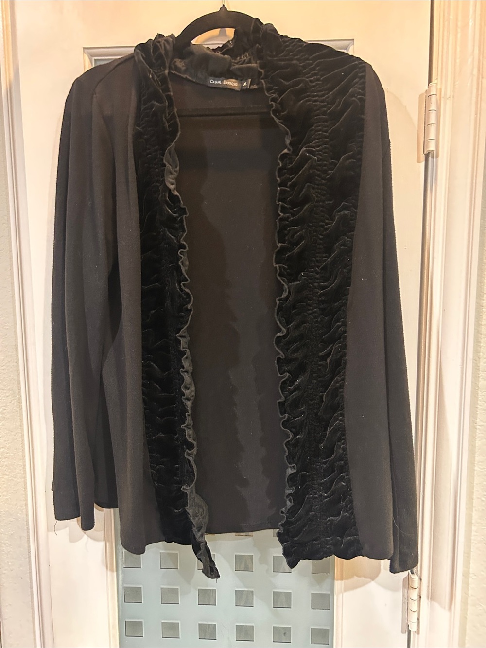 Chico's Black Open-Front Velvet-Trim Jacket